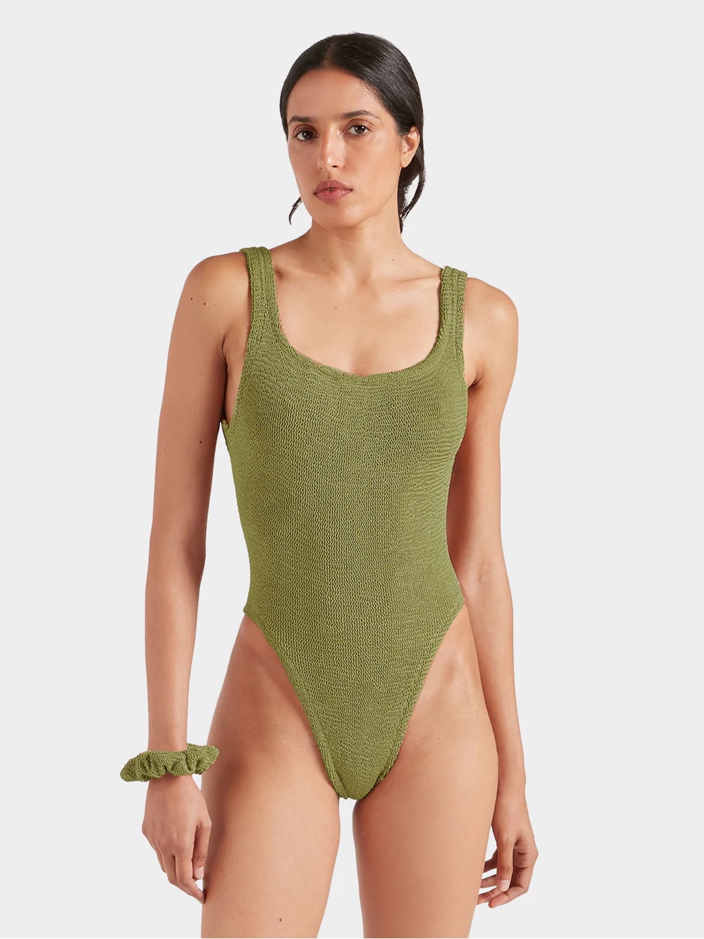 Hunza G Metallic Moss Olive Green Square Neckone-Piece Swimsuit Bikini * As Is *